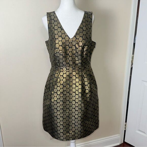 J. Crew 8 Black Metallic Gold Circle Brocade Sleeveless Formal Dress Pockets - Picture 1 of 12